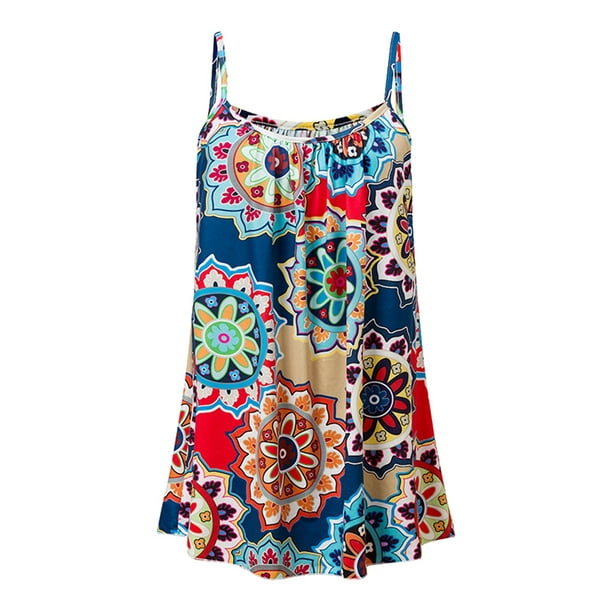 Womens Boho Strappy Tank Top Swing Vest Summer Loose Floral Camisole Blouse Tops